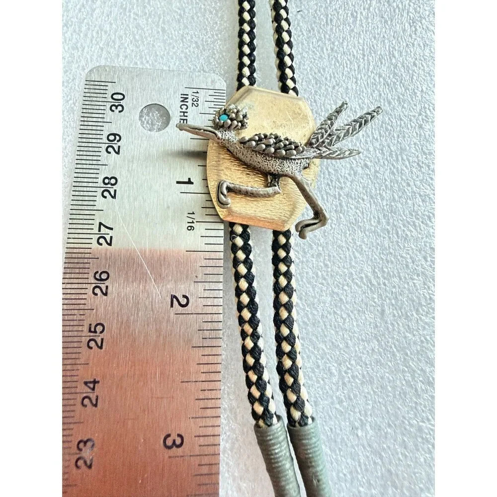Vintage Southwestern Roadrunner Bolo Tie Turquoise Eye Black White Cord